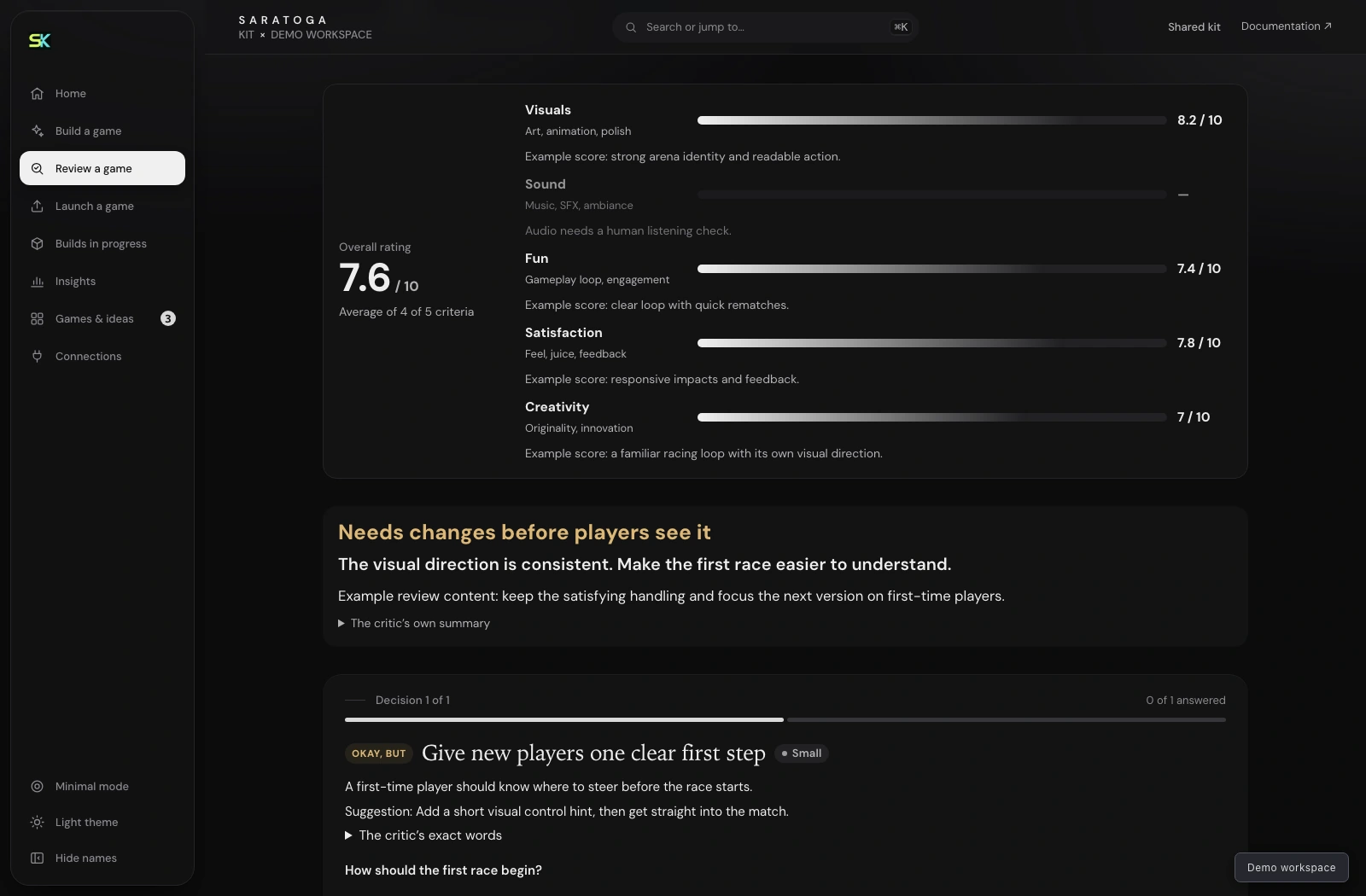 SaratogaKit Game reviews dashboard